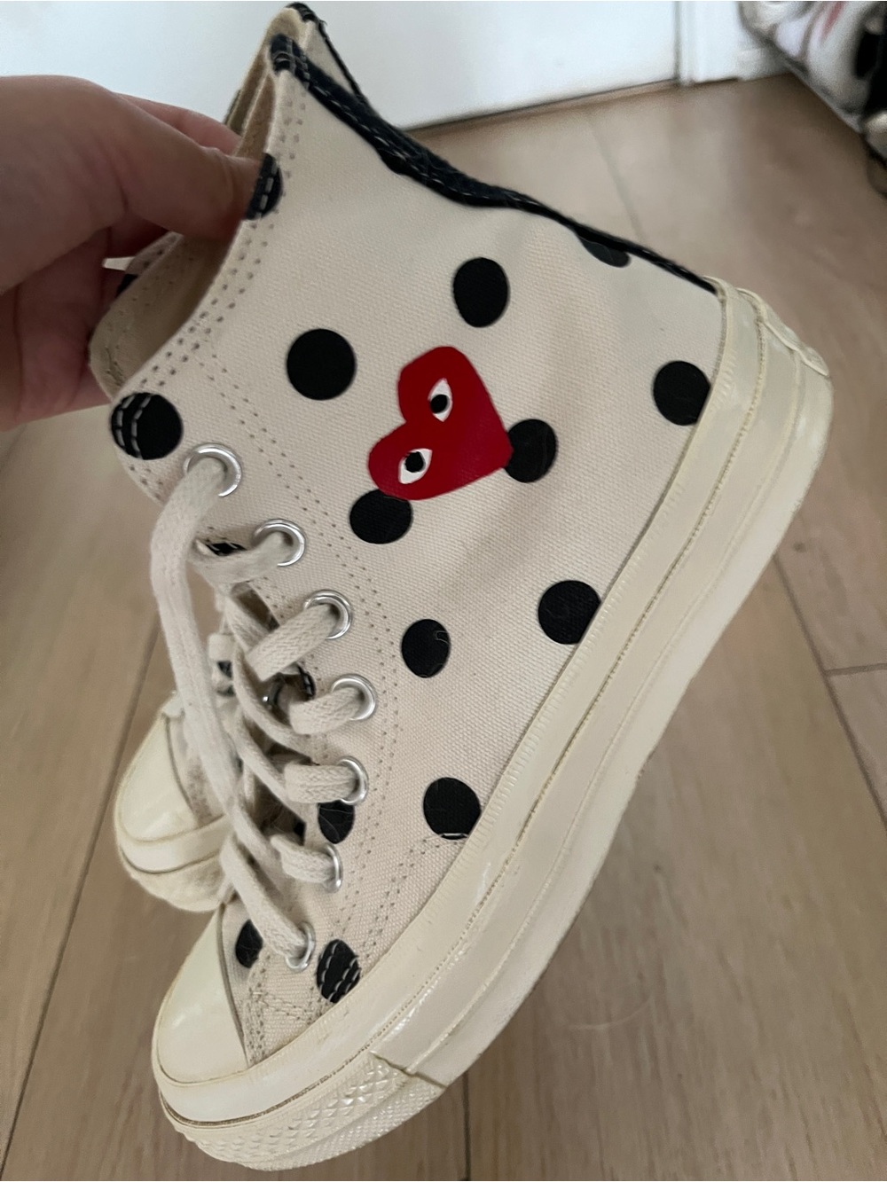 Comme des Garçons Polka Dot High-Top Sneakers in Cream with Black and Red Heart
